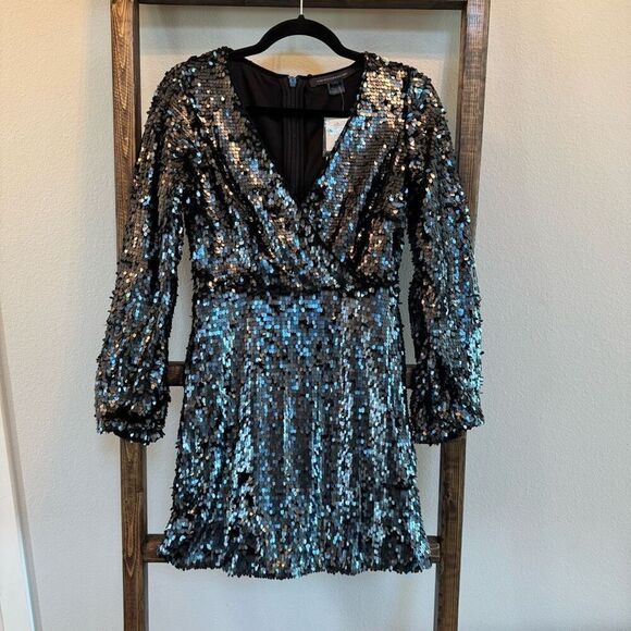NWT French Connection Bisma Sequin Dress 4 Gunmetal Silver Wrap Holiday NYE - Picture 5 of 9